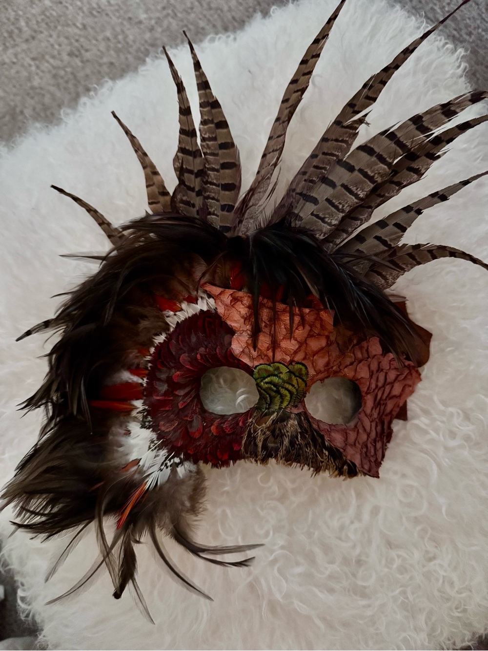 Striking  handcrafted feather mask featuring 
patterned pheasant feathers  🎭
